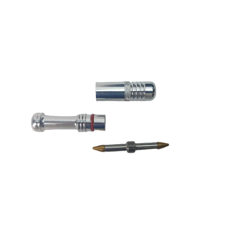 Silver Dynaplug Micro Racer bicycle tubeless tyre repair kit showing inner two plugs with insertion tubes and end cap