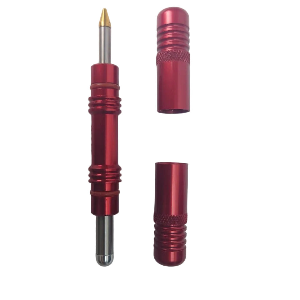 Red Dynaplug Racer Pro bicycle tubeless tyre repair tool showing inner plugs and end caps
